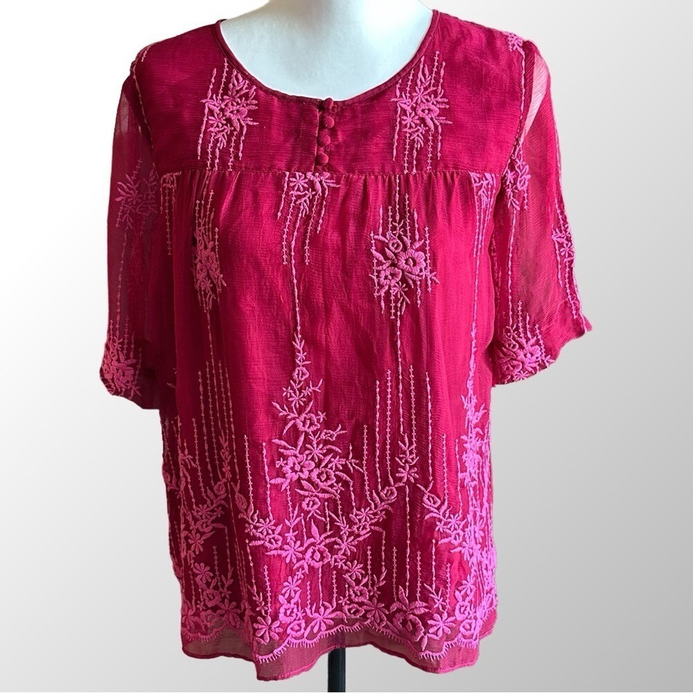 Sundance Blouse Women PS Pink Embroidered Sheer Sleeve Button‎ Front Cupro Top
